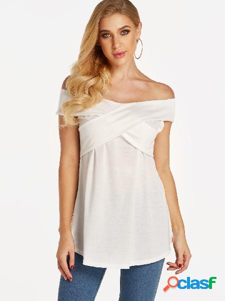 White Crossed Front Design Off Shoulder Pleated Details