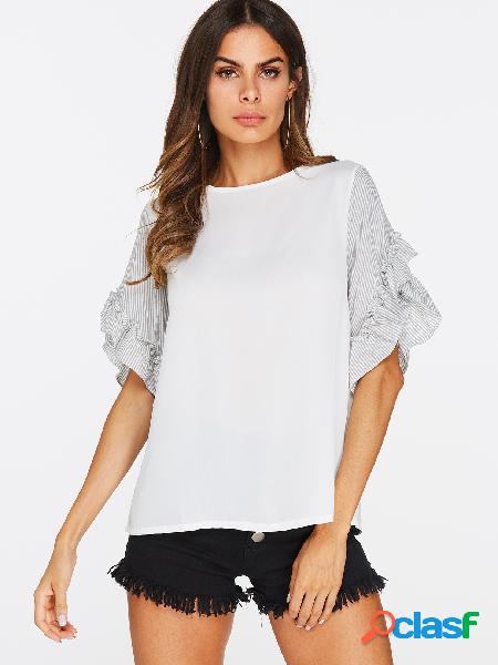 White Ruffle Trim Cuffs Round Neck T-shirts