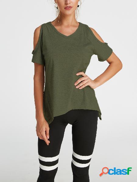 Army Green Cold Shoulder Irregular Hem T-shirt