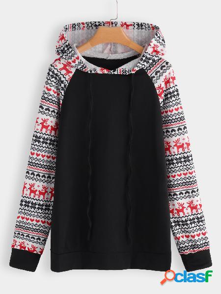 Black Color Block Tribal Print Long Sleeves Hoodie