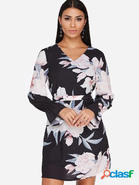 Black Self-tie Design Random Floral Print V-neck Long