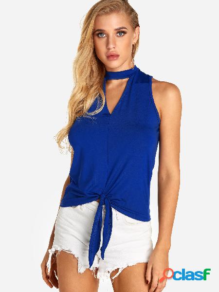 Blue Cut Out Plain Halter Self Tie Design Camis