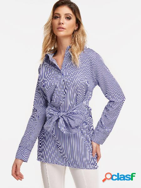 Blue Self-tie Design Stripe Lapel Collar Long Sleeves Dress