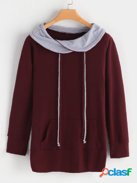 Burgundy Drape Sagging Long Sleeves T-shirts With Kangaroo