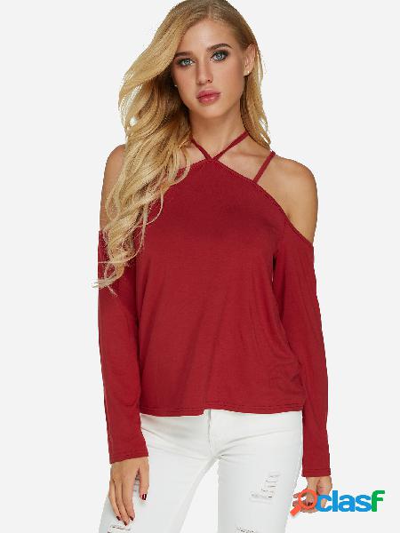 Burgundy Open Shoulder Long Sleeves Causal T-shirt