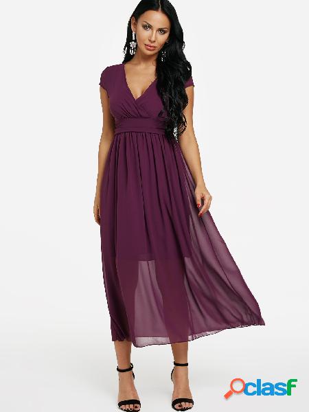 Burgundy V-neck Chiffon Wrap Evening Dress