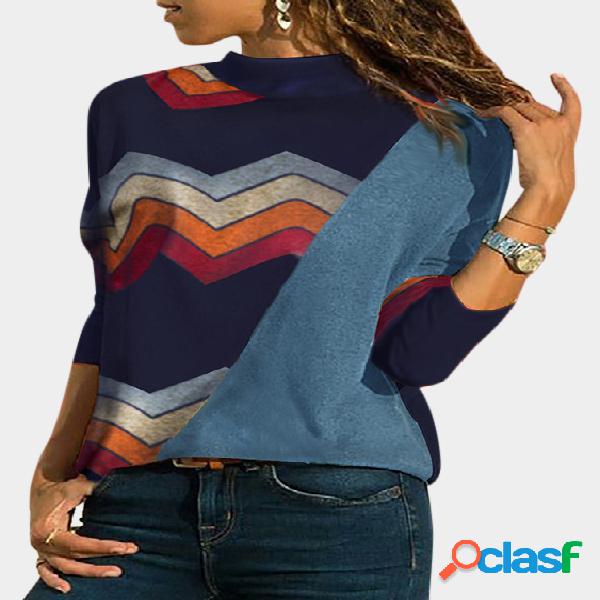 Fashion Color Block Stripe Cold Shoulder Long Sleeves