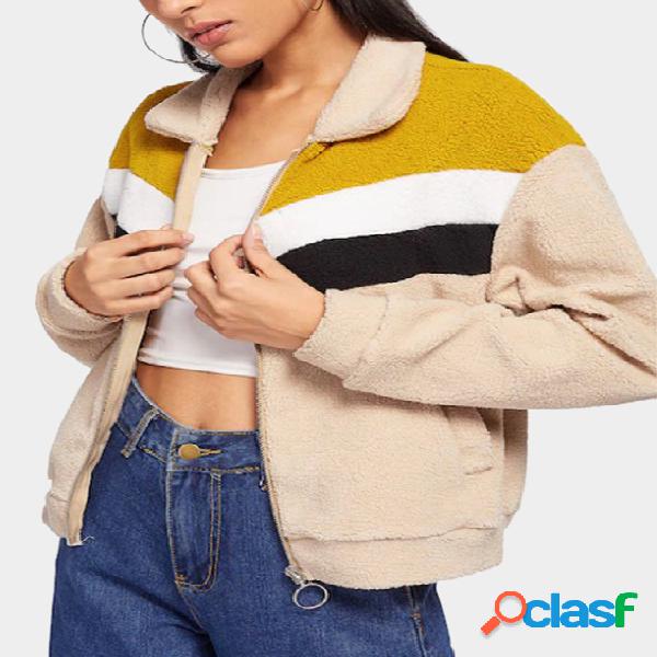 Khaki Color Block Side Pockets Stand Collar Long Sleeves