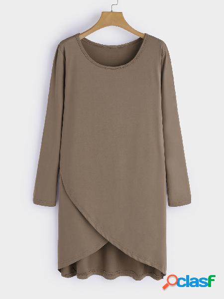 Khaki Crossed Front Design Round Neck Long Sleeves Midi