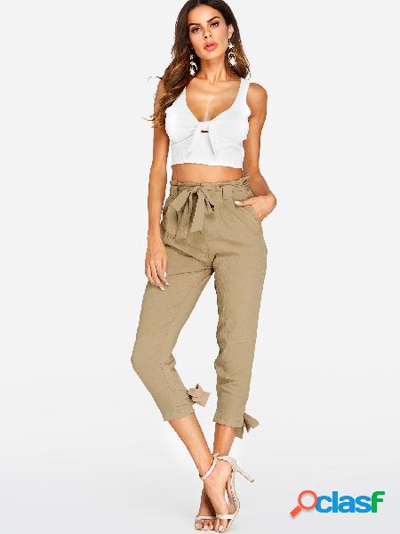 Khaki Self-tie Design Belted Pleated Pants