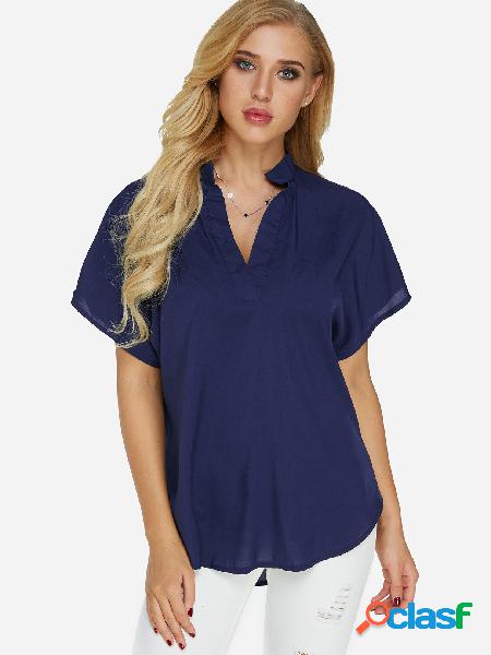 Navy V-neck Short Sleeves Casual Blouse