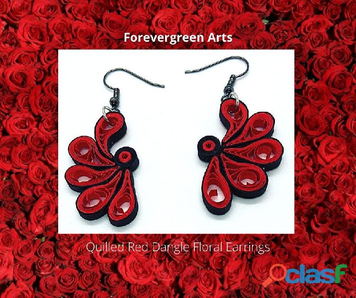 Quilled Red Floral Dangle Earrings