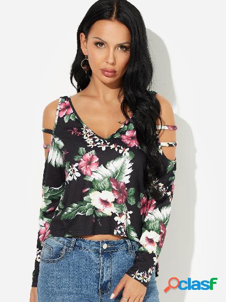 Random Floral Print V Neck Cold Shoulder Long Sleeves Top