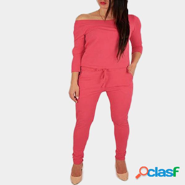 Red Off The Shoulder Long Sleeves Drawstring Waist Jumpsuit