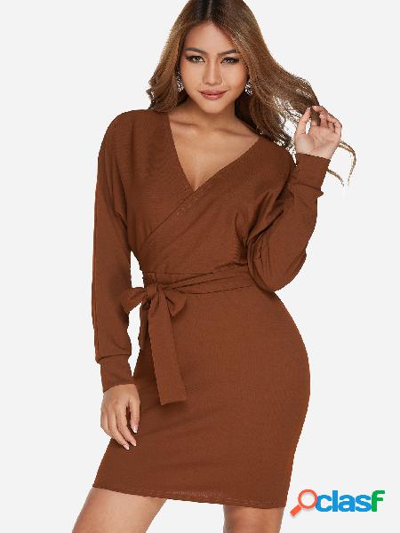 Rust Crossed Front Design V-neck Long Sleeves Dress with