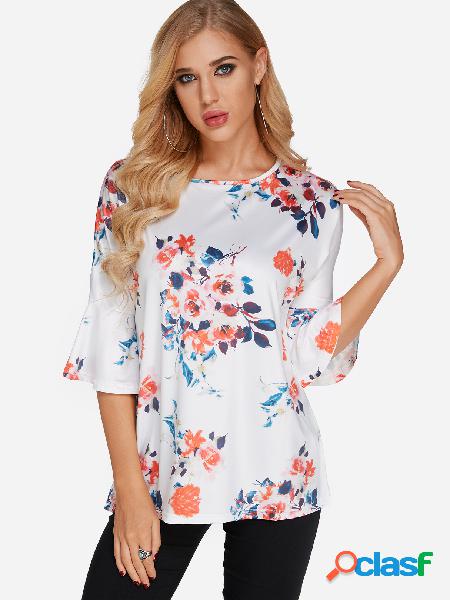White Random Floral Print Round Neck Flared Sleeves T-shirt