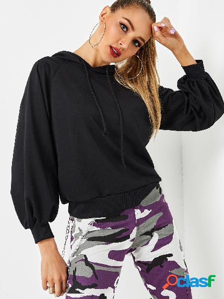 Black Long Puff Sleeved Drawstring Hoodie