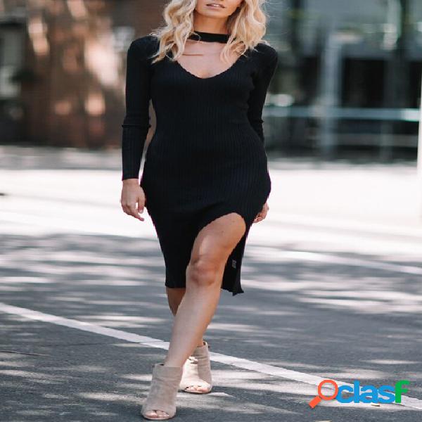 Black Long Sleeves Spilted Hem party Dress
