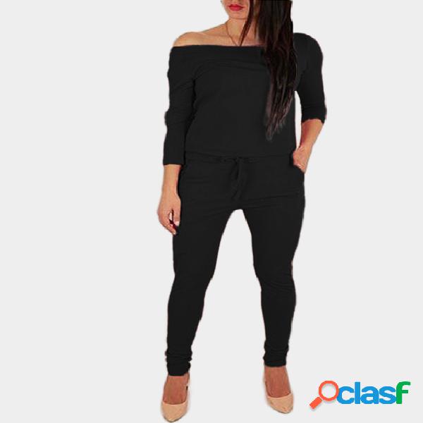 Black Off The Shoulder Long Sleeves Drawstring Waist