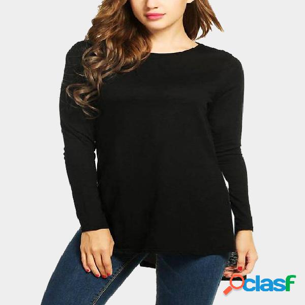 Black Plain Slit Hem Long T-shirts