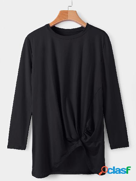 Black Round Neck Long Sleeves Irregular Hem T-shirt