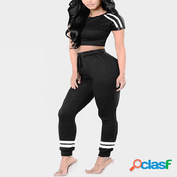Black Stripe Print Crop Top & High-rise Pants Tracksuit