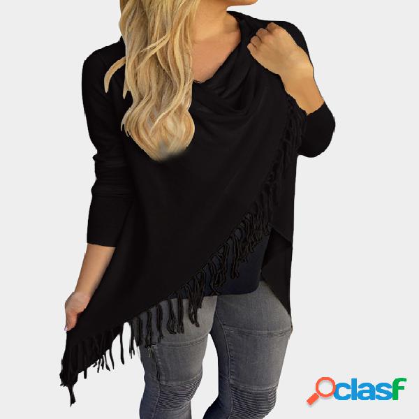 Black Tassel Details Irregular Hem T-shirt