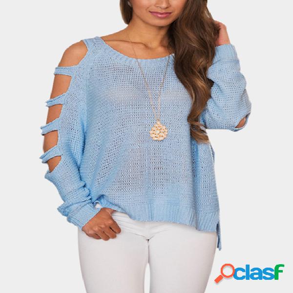 Blue Cut Out Design Round Neck High-low Hem Jumper