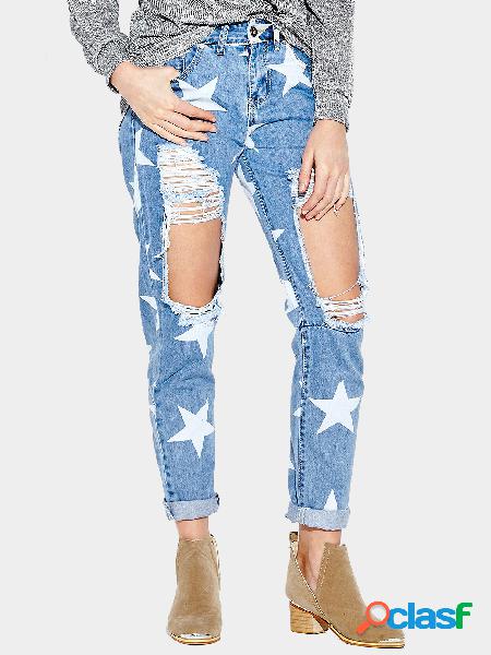 Blue Ripped Details Star Middle-waisted Jeans
