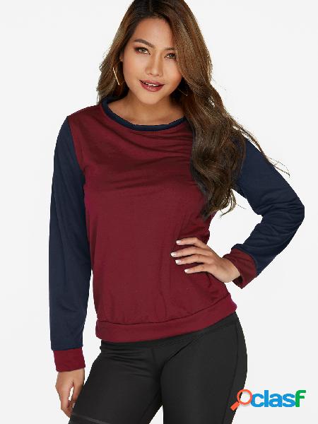 Burgundy & Black Color Block Crew Neck Long Sleeves Casual