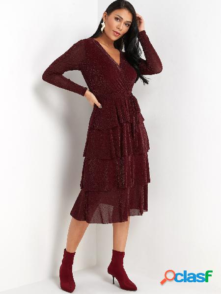 Burgundy Fullness+layer Wrap Design Party Dresses with Belt