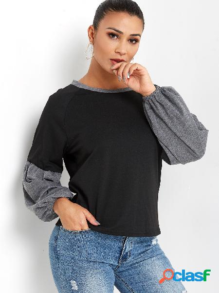 Color Block Plain Crew Neck Long Elastic Sleeves Black Tee