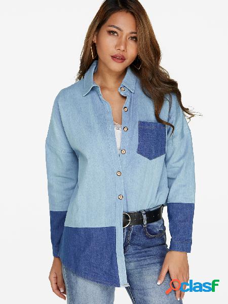 English Collar Denim Shirt with Patchwork Design