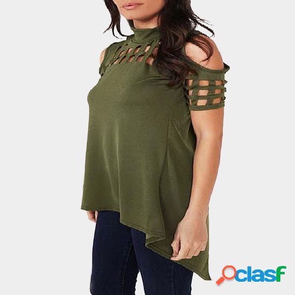 Green Cold Shoulder Cut Out Hollow Slit Hem Back T-shirts