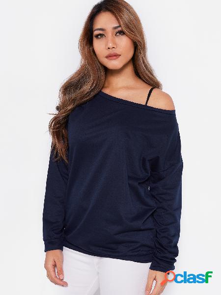 Navy One Shoulder Long Sleeves Basic Top