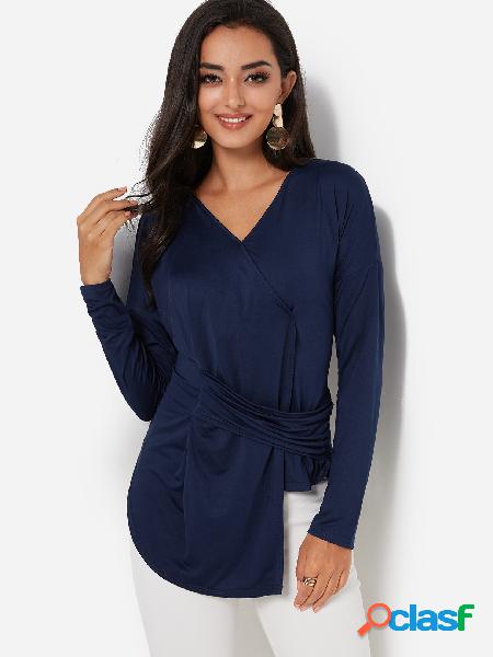 Navy V-neck Long Sleeves Irregular Hem T-shirt