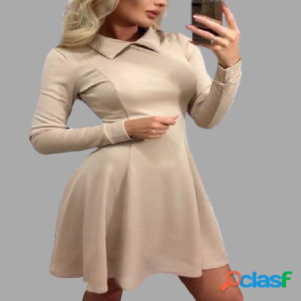 Perkins Collar Pleated Hem Casual Dress in Khaki