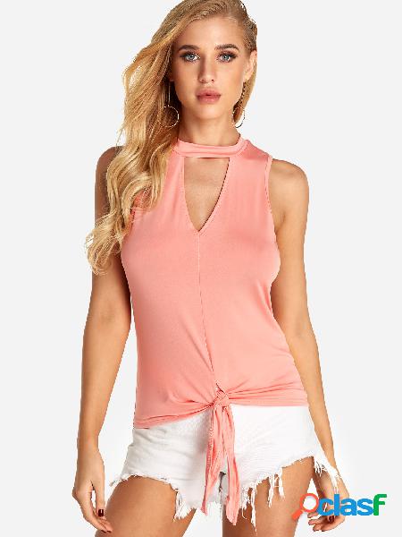 Pink Cut Out Plain Halter Self Tie Design Camis