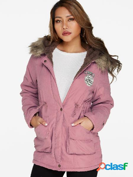 Pink Faux Fur Hooded Design Long Sleeves Badge Patched Coat