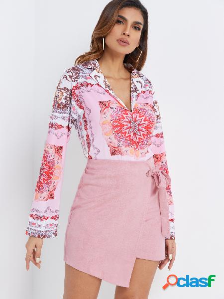 Pink Lapel Collar Long Sleeves Random Scarf Print Shirt