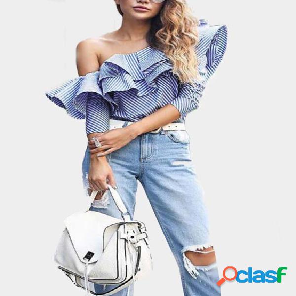 Pinstriped Flouncy One Shoulder Top in Navy