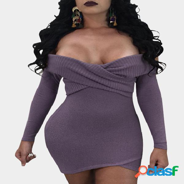 Purple Cross Front Off Shoulder Long Sleeves Bodycon Dress