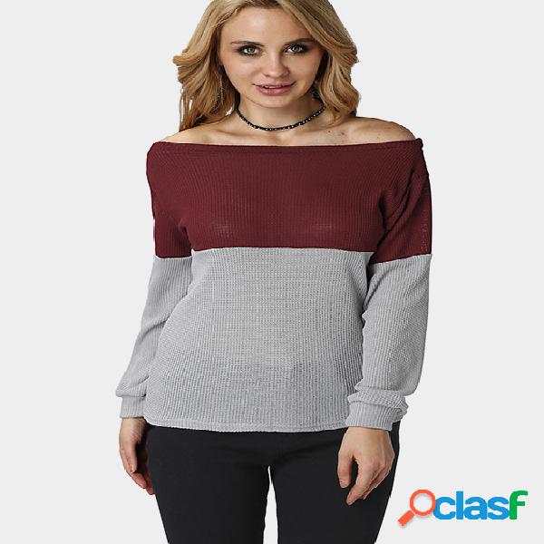 Red and Grey Long Sleeves Off Shoulder Top