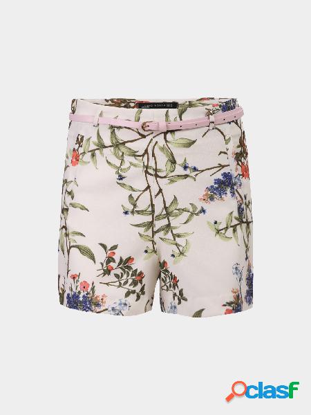 Side Zipper Fresh Floral Print Shorts with Belt