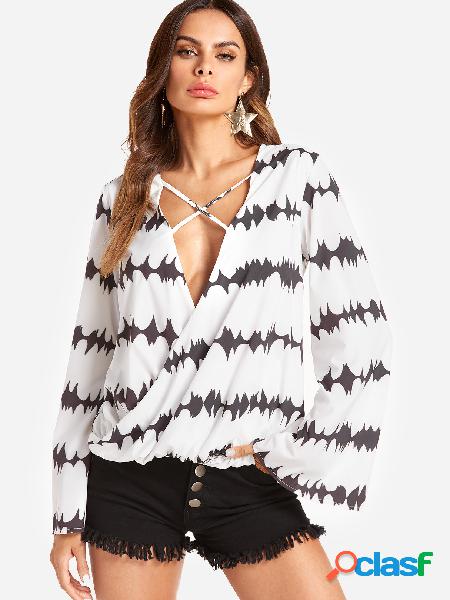 White Random Floral Print V-neck Long Sleeves Chiffon Blouse