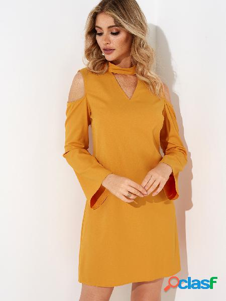 Yellow Cold Shoulder Long Sleeves Cut-out Design Dress