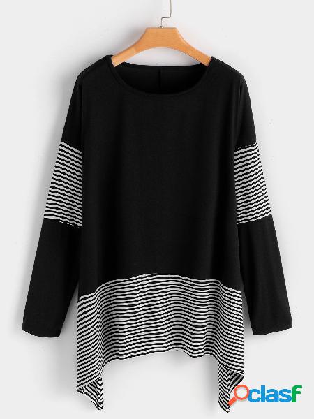 Black Color Block Style Stripe Crew Neck Long Sleeves