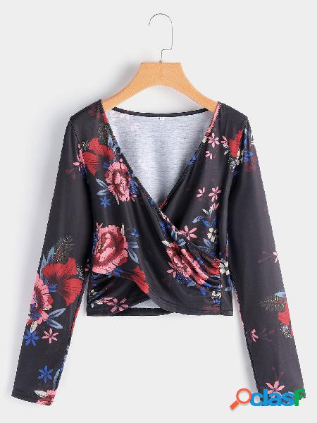 Black Crossed Front Design Random Floral Print Deep V Neck