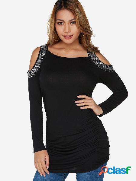 Black Diamond Details Cold Shoulder Long Sleeves Top