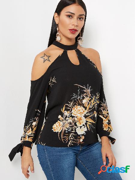 Black Hollow Front Random Floral Print Cold Shoulder
